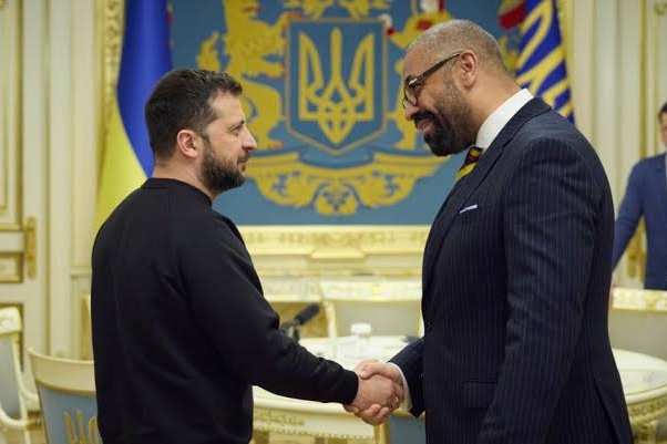 James Cleverly, as Foreign Secretary, shaking hands with President Volodymyr Zelensky in Kyiv