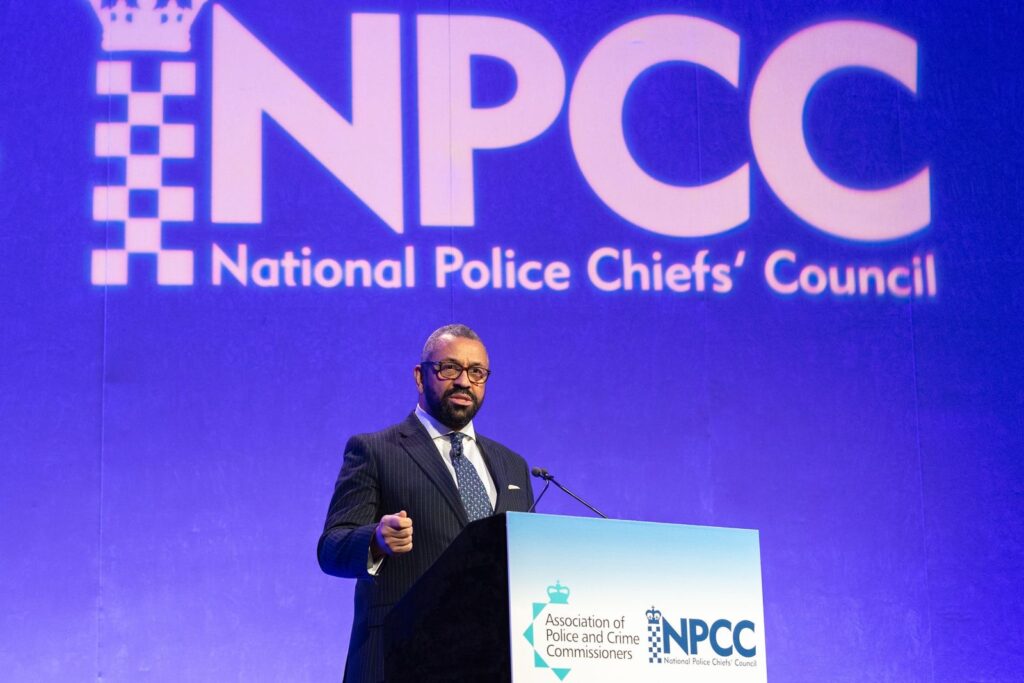 James Cleverly speaking at the National Police Chiefs’ Council conference as Home Secretary